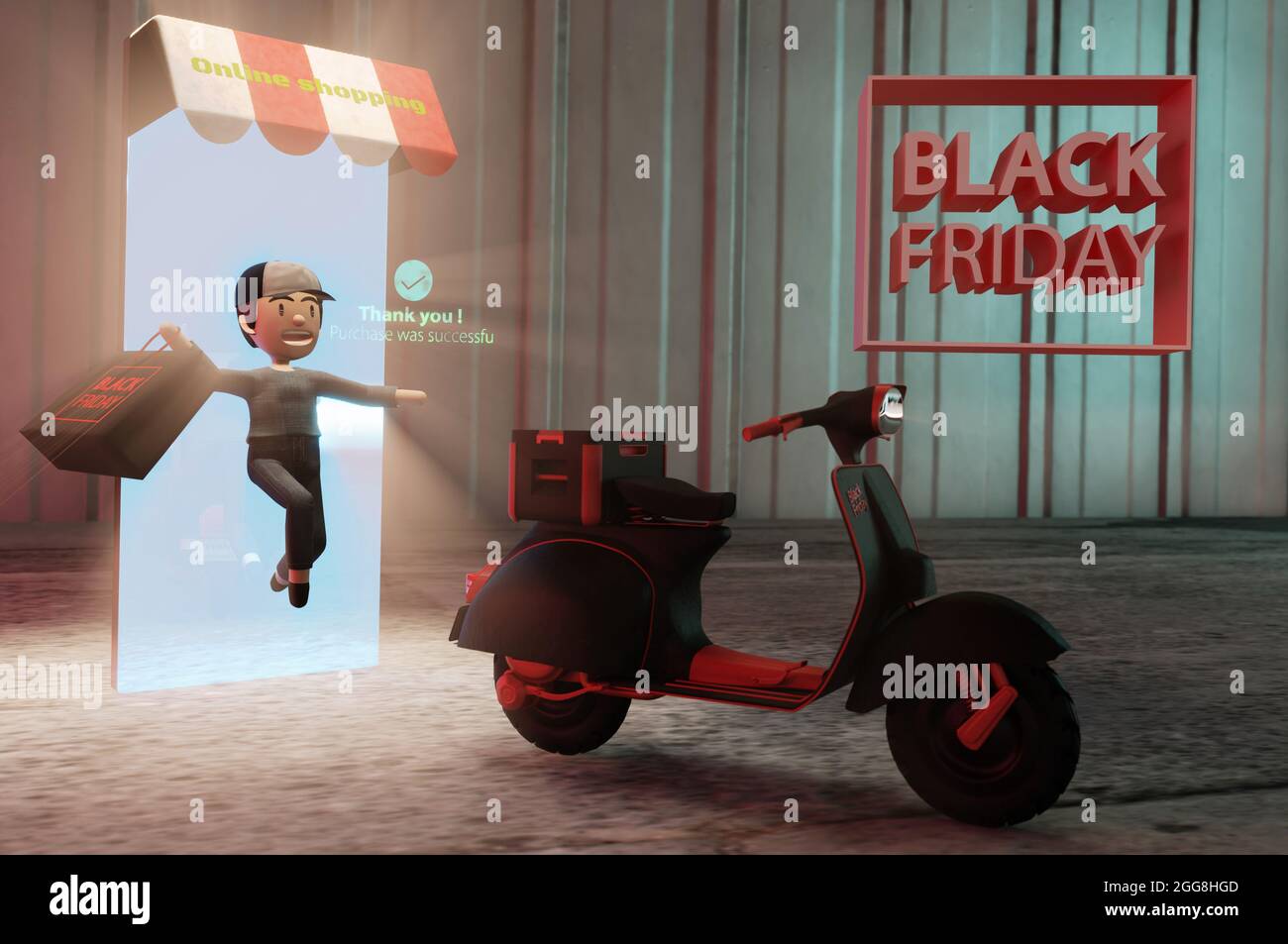illustrazione 3d. Black friday consegna shopping online espressa in scooter Foto Stock