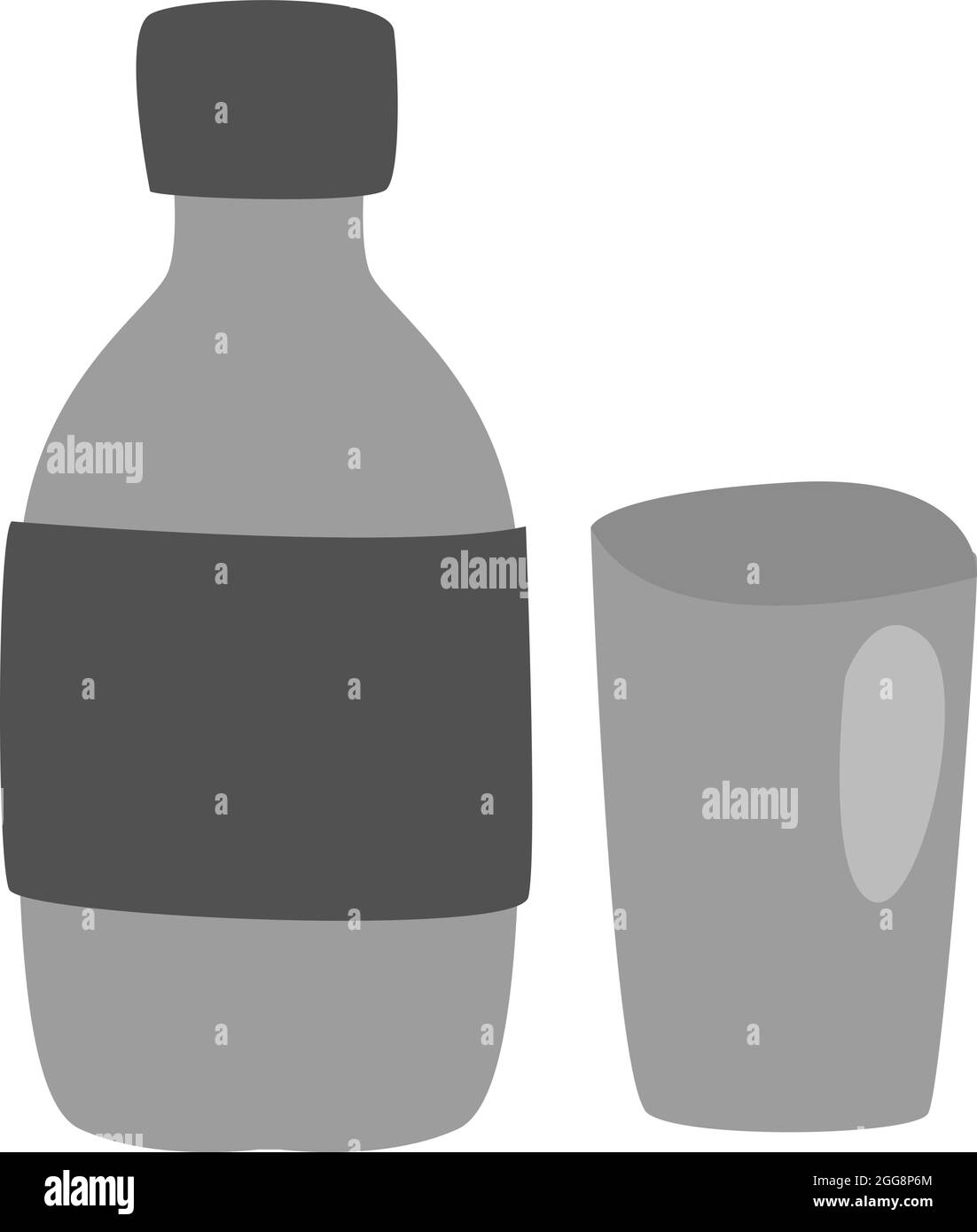 Bottiglia d'acqua con vetro, illustrazione, vettore, su sfondo bianco. Illustrazione Vettoriale