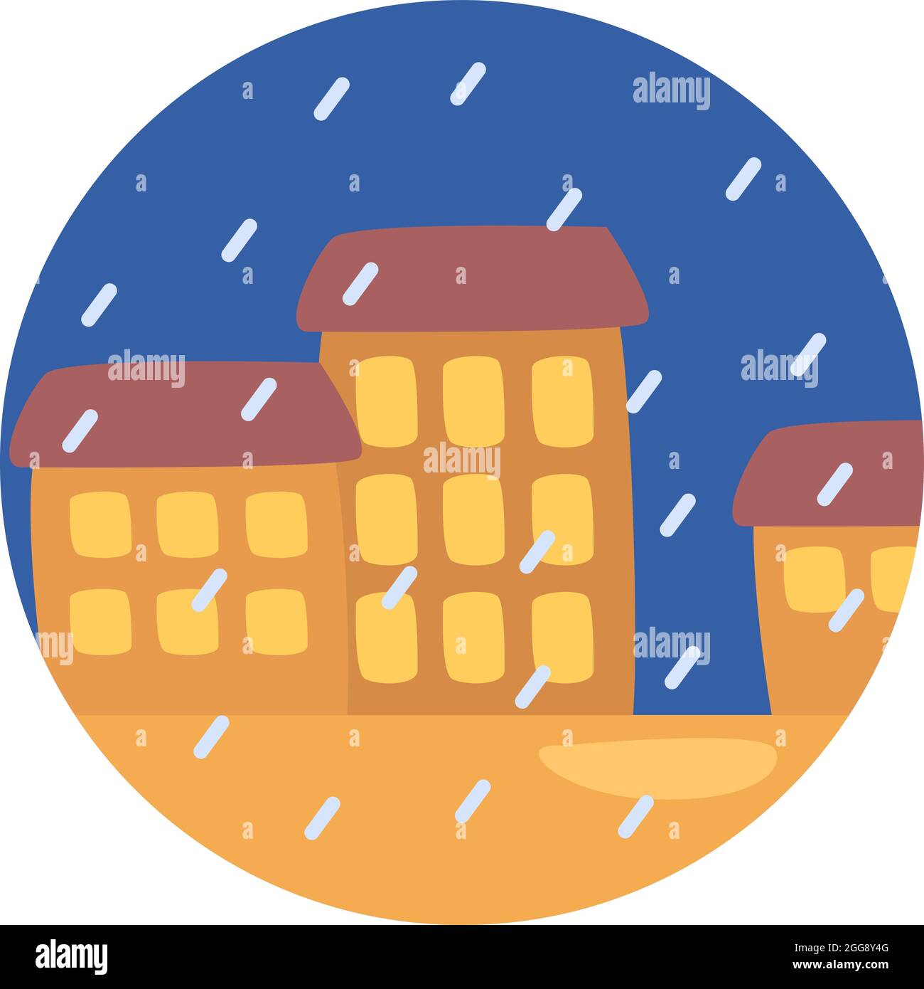 Edifici sotto la pioggia, illustrazione, vettore, su sfondo bianco. Illustrazione Vettoriale