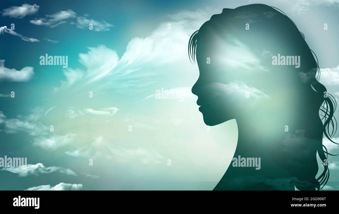 Donna profilo viso silhouette con cielo e nuvole background.Concept di pensiero - psicologia - immaginazione - intelligenza o ispirazione. Personalità Foto Stock