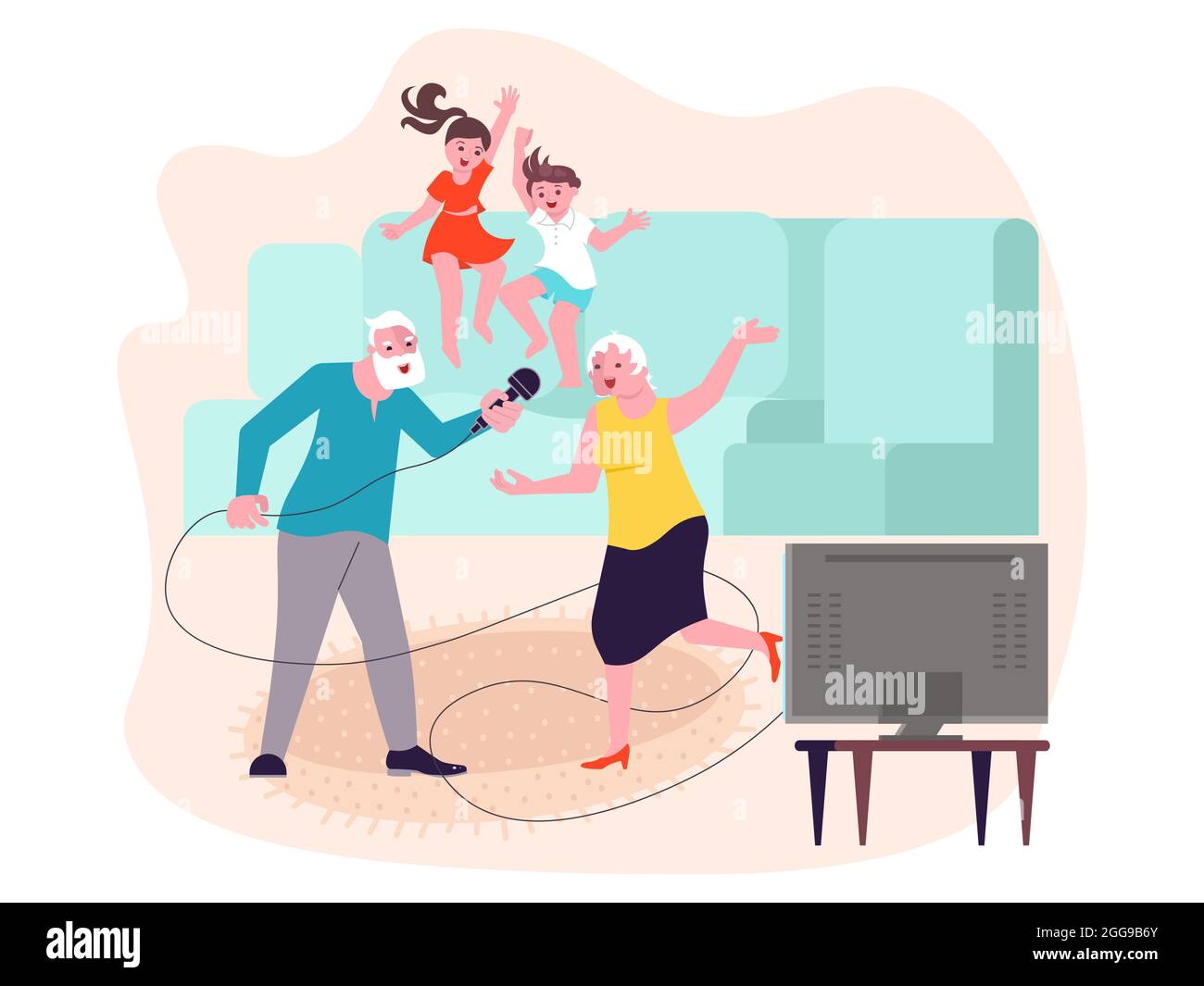 Nonni che trascorrono del tempo con i nipoti. Buona famiglia con nonna, nonno, nipote e nipote divertirsi e cantare con micr Illustrazione Vettoriale