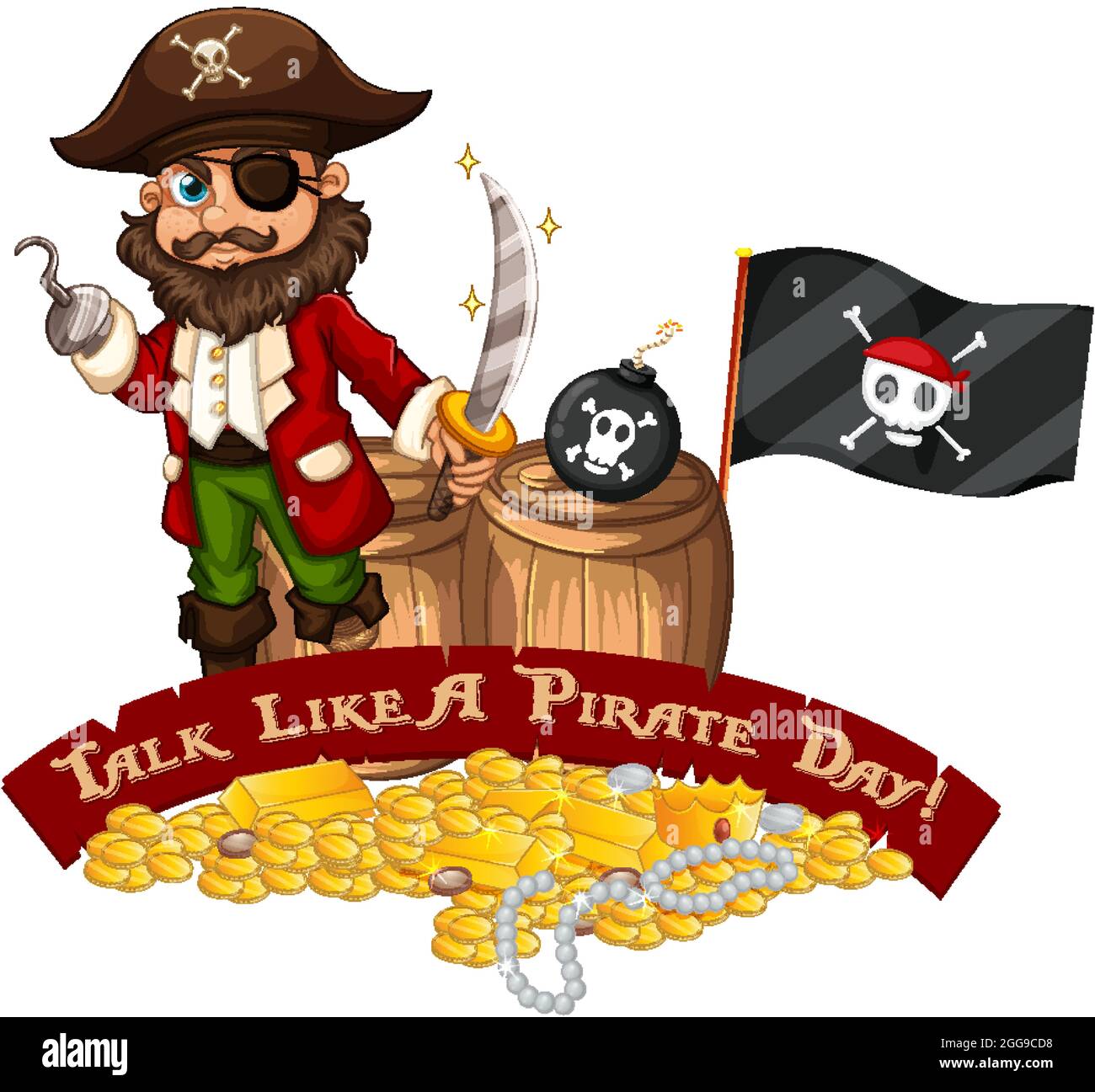 Parla come un banner del carattere del giorno dei pirati con l'illustrazione del personaggio dei cartoni animati pirati Illustrazione Vettoriale