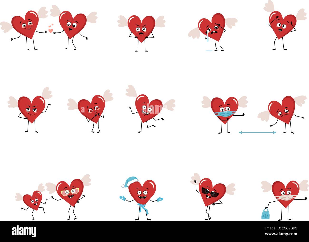 Set di personaggi a cuore rosso con emozioni, viso, braccia e gambe. Allegro o triste decorazione festiva per San Valentino cade in amore, mantiene la distanza in una maschera, danze in un cappello di Santa Illustrazione Vettoriale