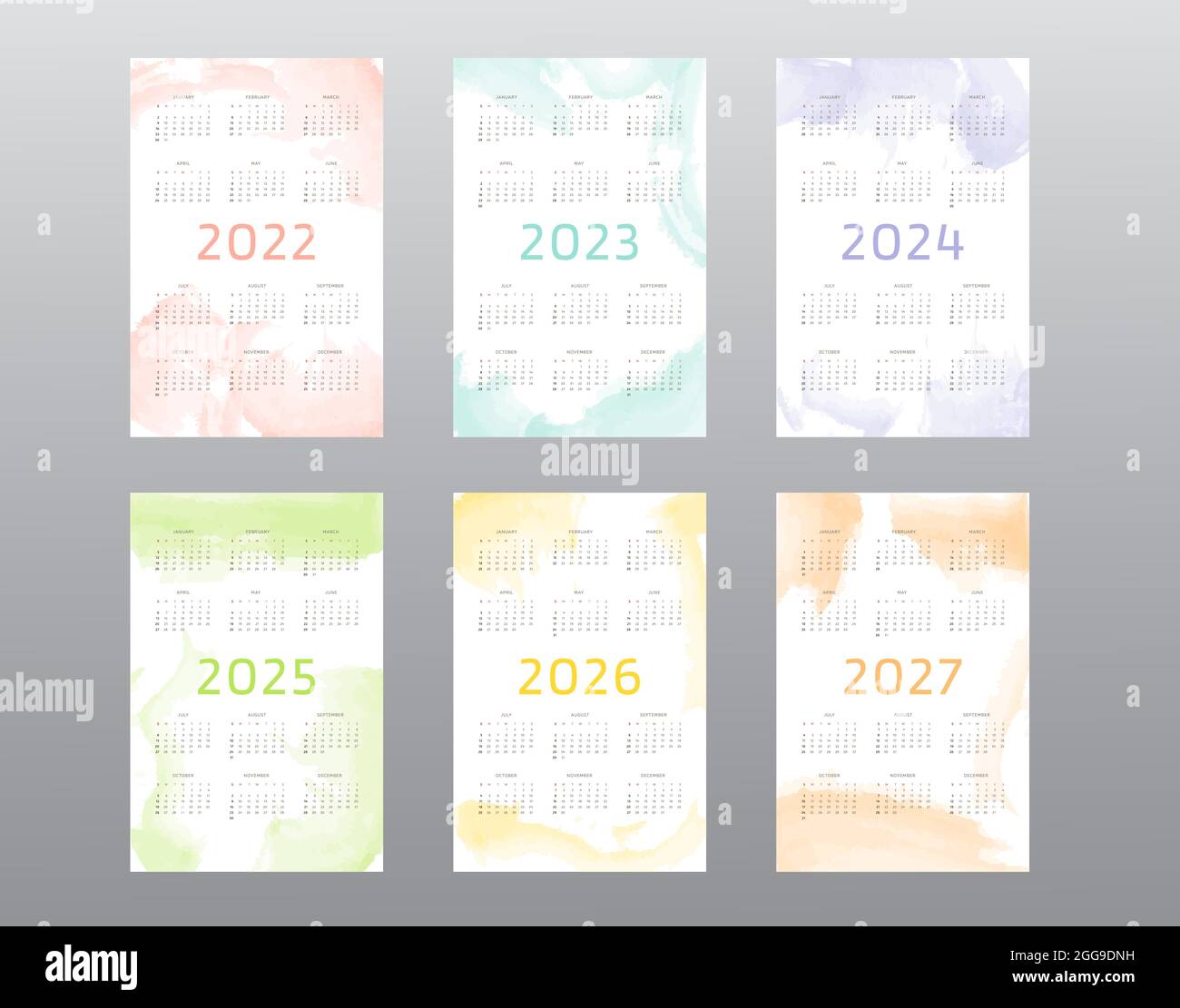 collezione calendario 2022 2023 2024 2025 2026 2027 con tratti di pennello astratti di acquerello. La settimana inizia la domenica. Illustrazione Vettoriale