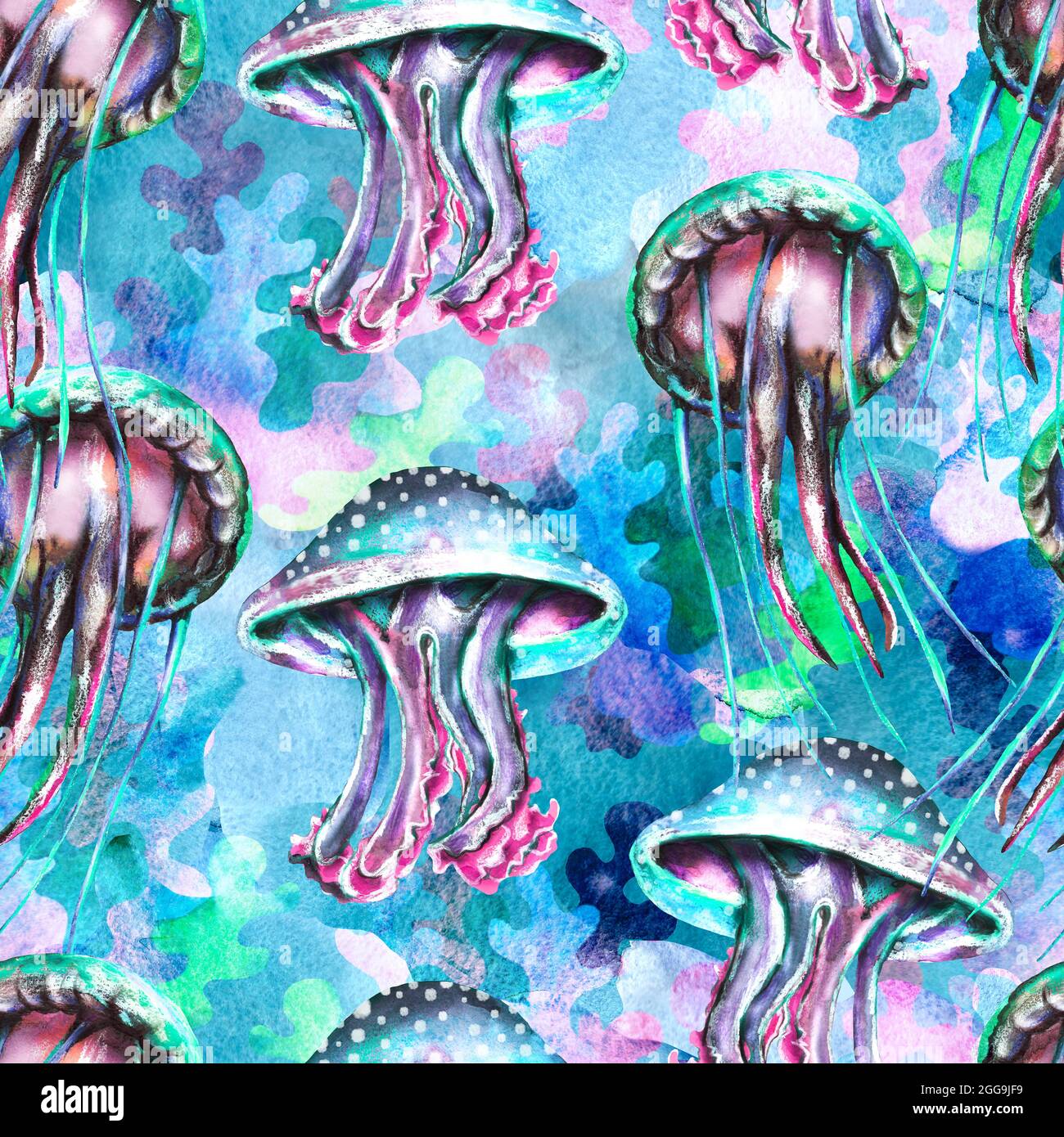 Acquerello meduse e alghe senza cuciture pattern, carta digitale arcobaleno, sfondo luminoso e colorato Foto Stock