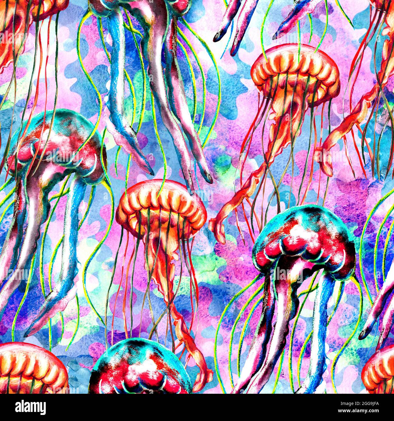 Acquerello meduse e alghe senza cuciture pattern, carta digitale arcobaleno, sfondo luminoso e colorato Foto Stock