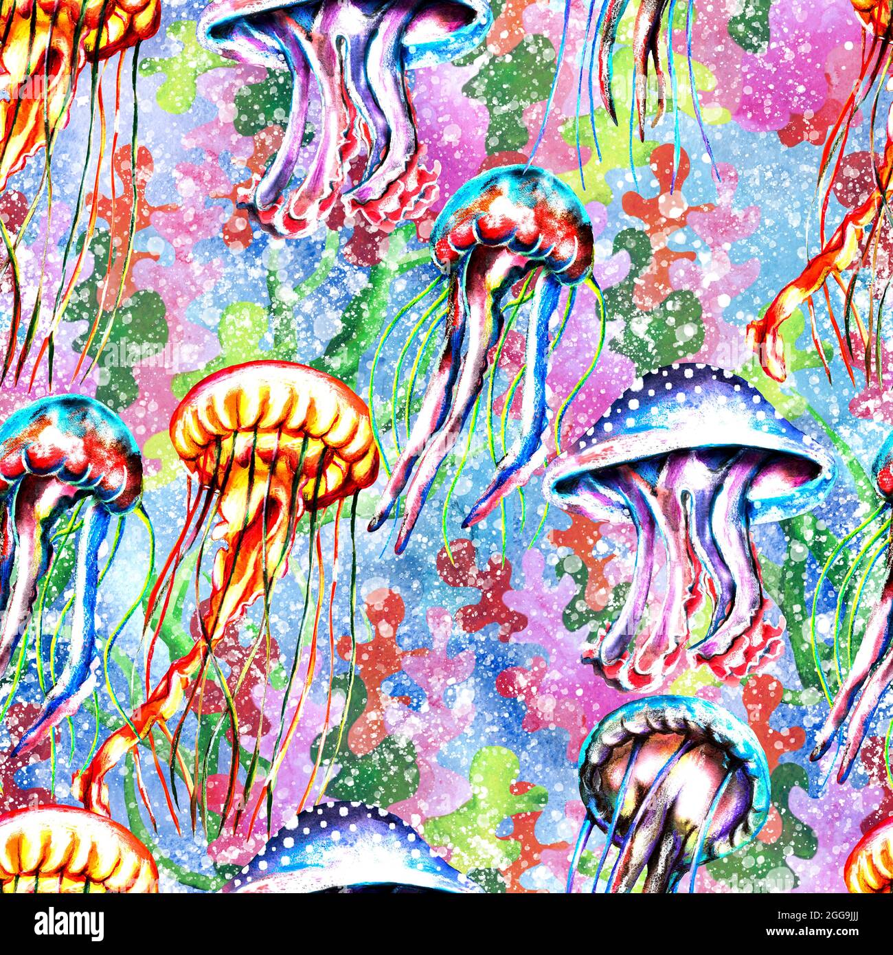 Acquerello meduse e alghe senza cuciture pattern, carta digitale arcobaleno, sfondo luminoso e colorato Foto Stock