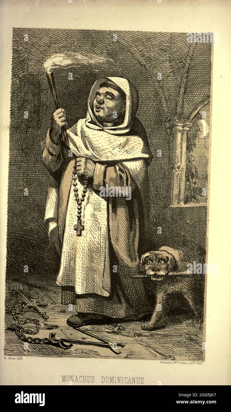 Monaco Domenicano. Monachus Dominicanus libro ' Monachologia, or, Manuale della storia naturale dei monaci : organizzato secondo il sistema linneano ' da Born, Ignaz Edler von, 1742-1791; Krasinski, Walerian, 1780-1855 pubblicato nel 1852 a Edimburgo da Johnstone & Hunter. Si tratta di una satira o parodia vittoriana anti-cattolica/anti-europea scritta in gergo pseudo-scientifico di storia naturale, lamentando la pigrizia, l'abito strano e le abitudini strane (letteralmente!), strane ore e rumori estranei di vari ordini di monaci, depositati di coste britanniche da europei papisti di scarso merito e brutto intento Foto Stock