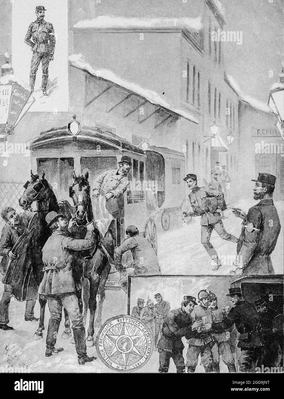 Die Wiener freiwillige Rettungsgesellschaft o la Viennese Voluntary Rescue Association, Vienna, Austria, Europa, illustrazione storica 1897 Foto Stock