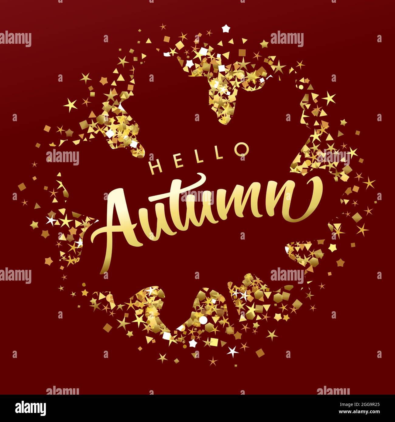 Ciao autunno segno. Icona creativa. Testo calligrafico e foglie di acero. Elementi di pianta. Fogliame, lettere d'oro, calli decorativi Illustrazione Vettoriale
