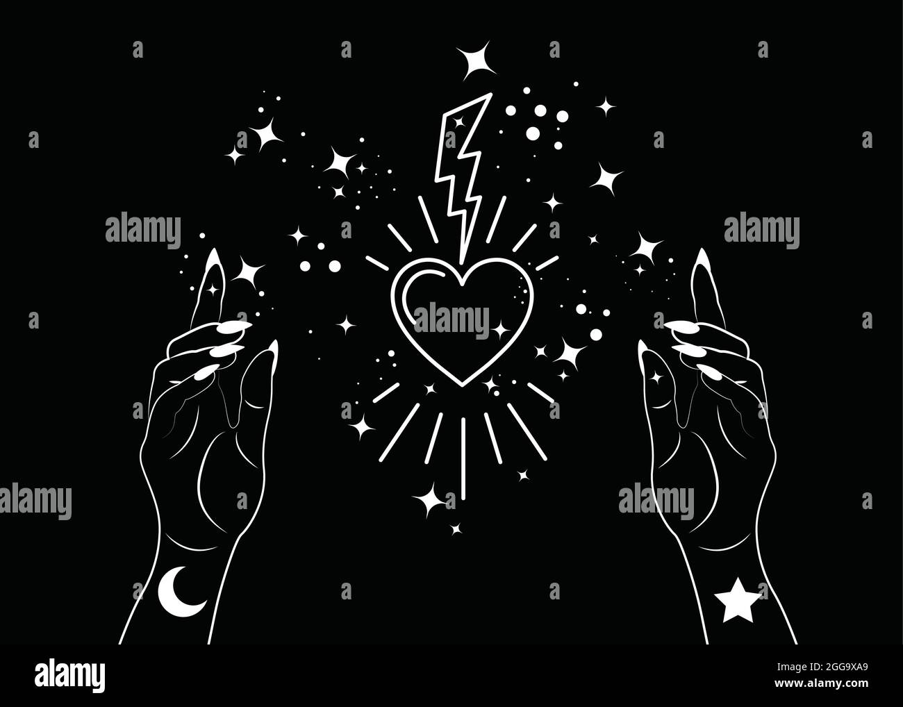 Mistica Donna mani alchimia esoterica magia spazio stelle, fulmine e sacro cuore simbolo. Boho stile Logo in bianco contorno tatuaggio icona spirituale Illustrazione Vettoriale