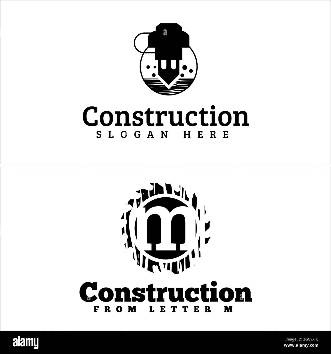 Foratura del legno e sega circolare con logo m, carpentiere industriale Illustrazione Vettoriale