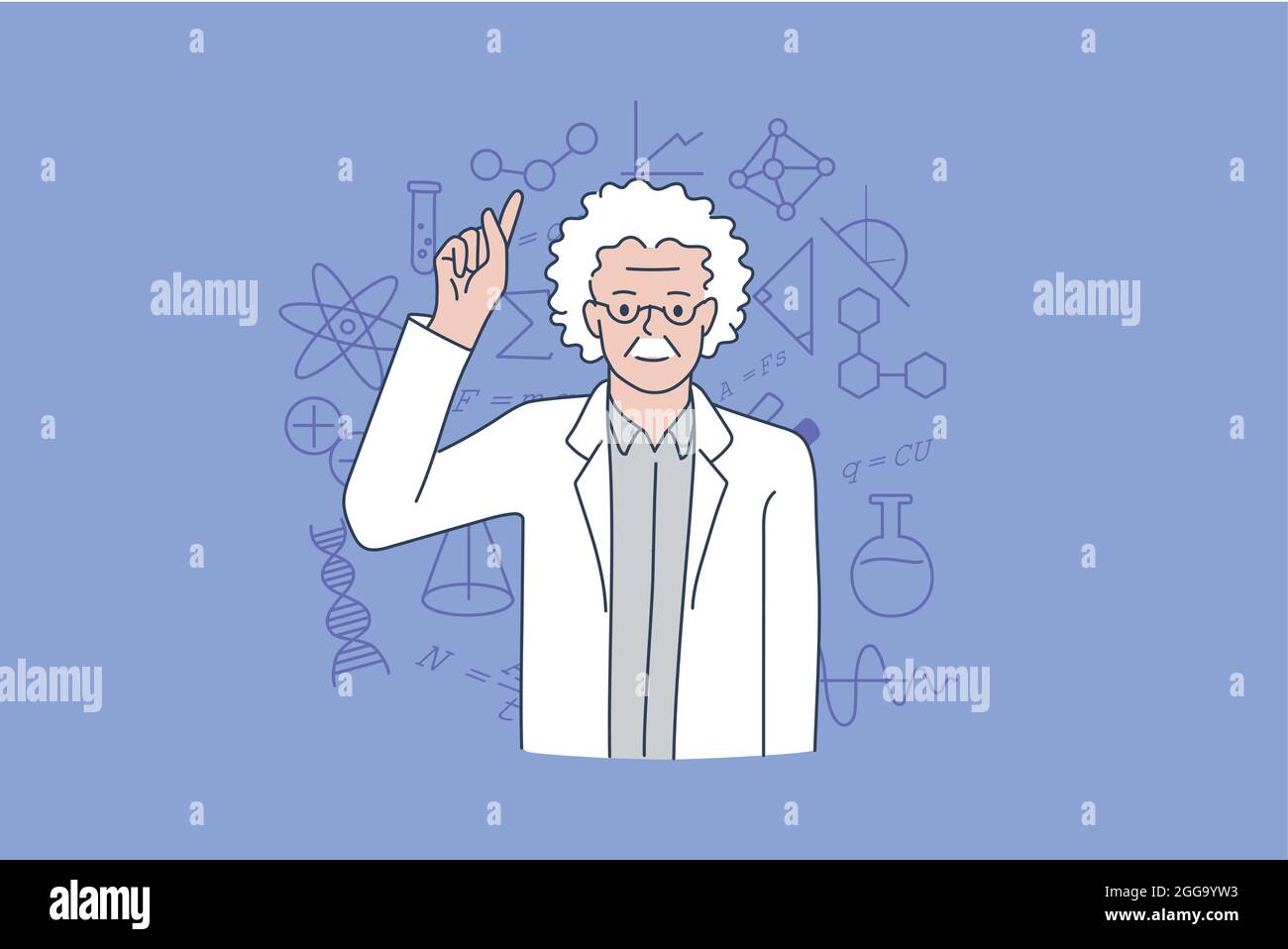 Concetto di scienziato e di professionista fisico. Vecchio uomo grigio pelato scienziato in piedi mostrando dito su simboli sullo sfondo illustrazione vettoriale Illustrazione Vettoriale