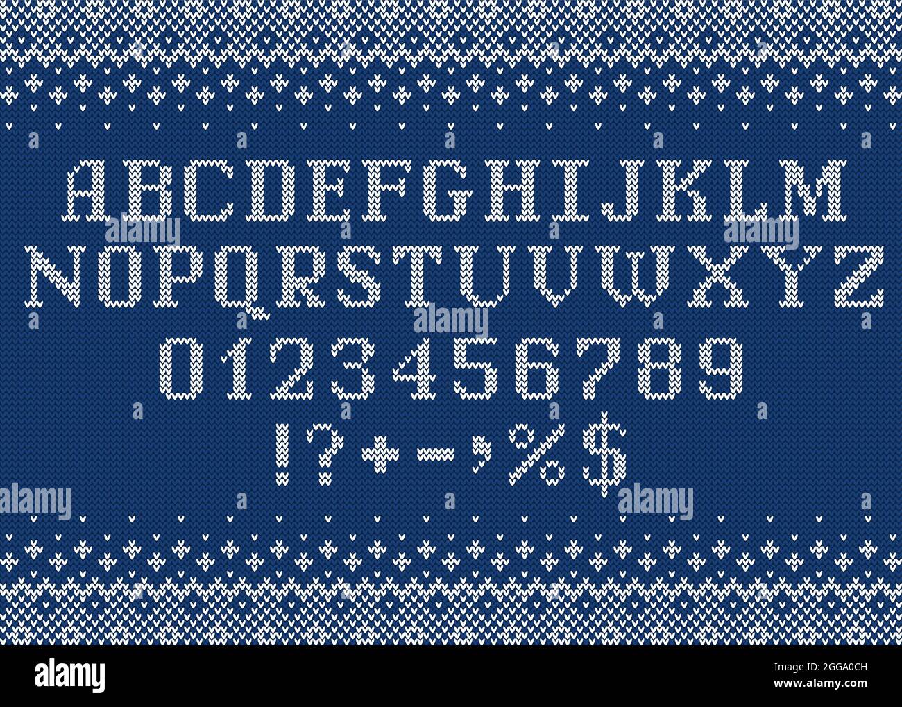 Carattere maglione. Lettere, numeri e simboli a maglia per Natale, Capodanno o inverno. Ornamenti alfabetici e scandinavi su sfondo a maglia blu. Illustrazione Vettoriale