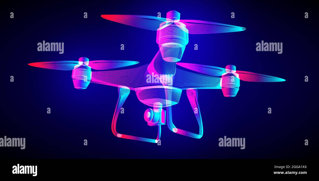 Drone volante con una foto aerea o videocamera d'azione. Struttura vettoriale Quadrocopter a reticolo in stile neon-art fluorescente. 3D astratto illu Illustrazione Vettoriale