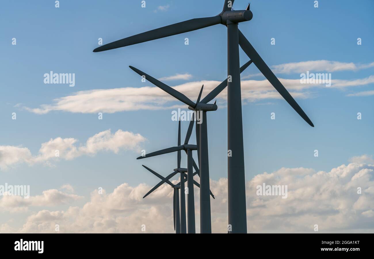 Generatori di energia di turbine eoliche su una fattoria eolica Foto Stock
