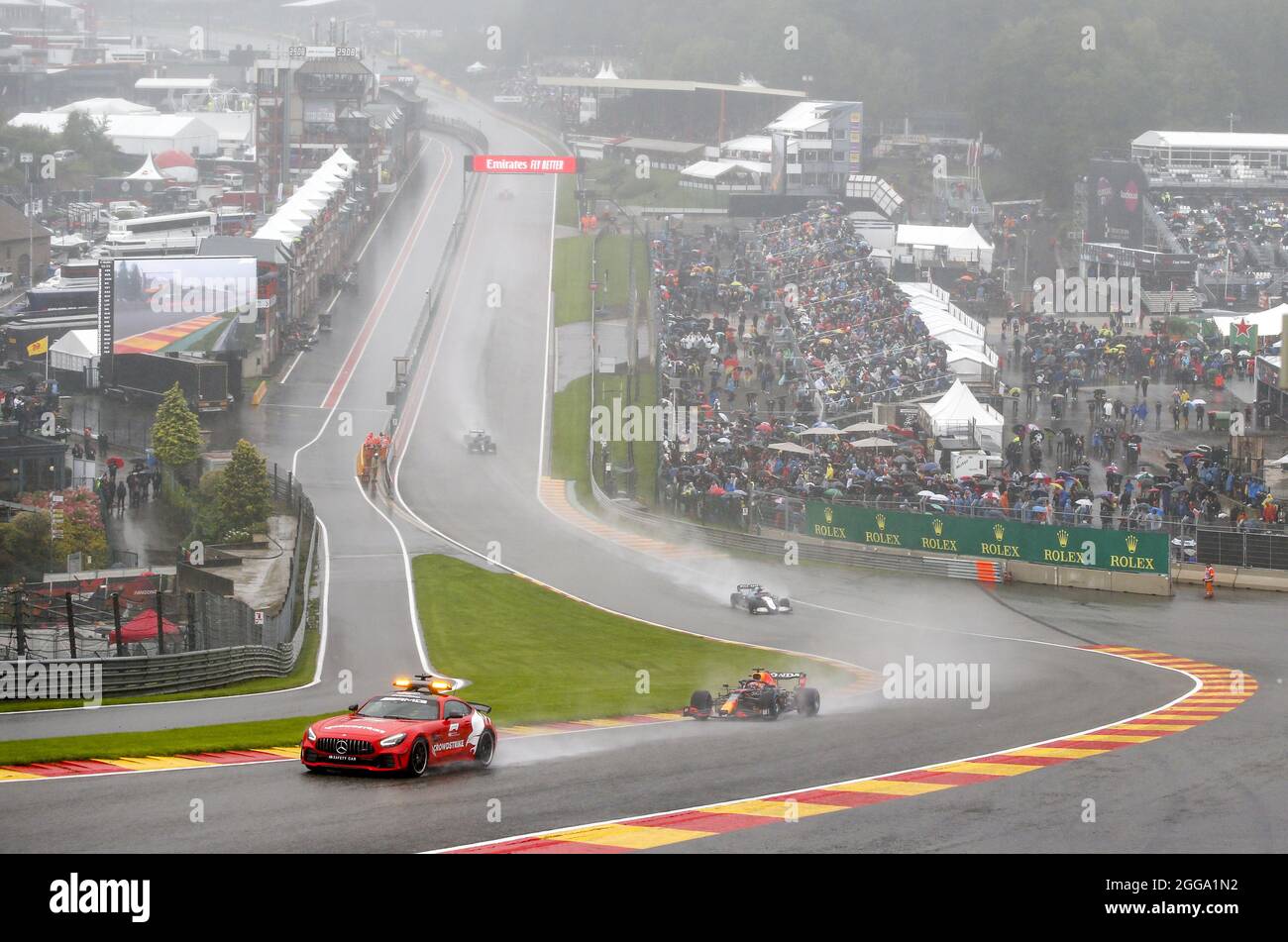 Mercedes AMG F1 Safety car davanti A VERSTAPPEN Max (ned), Red Bull Racing Honda RB16B, RUSSELL George (gbr), Williams Racing F1 FW43B, HAMILTON Lewis (gbr), Mercedes AMG F1 GP W12 e Performance, in azione durante il Gran Premio del Belgio di Formula 1, 12° round del Campionato del mondo di Formula uno FIA 2021 dal 27 al 29 agosto 2021 sul circuito di Spa-Francorchamps, a Stavelot, nei pressi di Liegi, Belgio - Foto DPPI Foto Stock