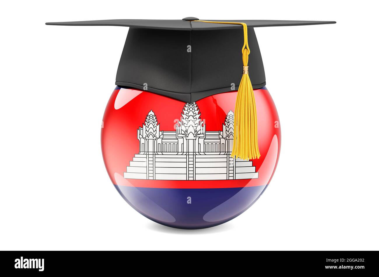 Concetto di istruzione in Cambogia. Bandiera cambogiana con tappo graduato, rendering 3D isolato su sfondo bianco Foto Stock