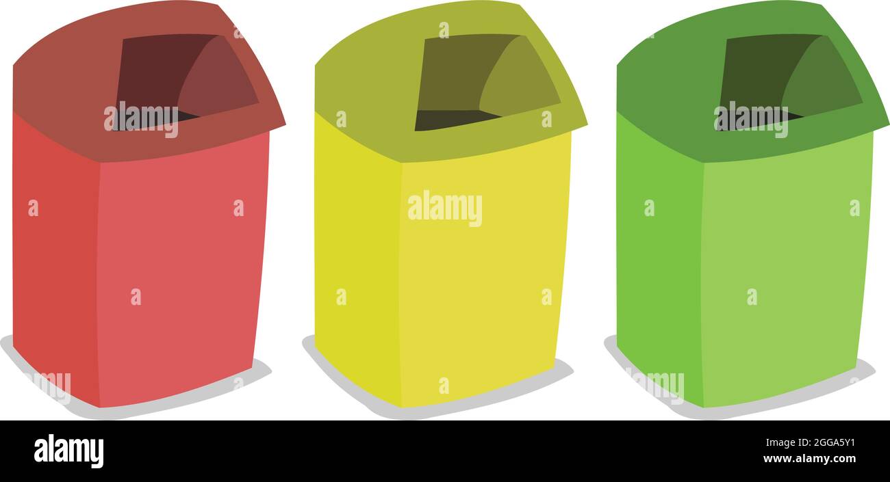 Cestino o bidone di plastica verde giallo e rosso nel parco pubblico. Elementi di progettazione grafica Clean City. Illustrazione Vettoriale