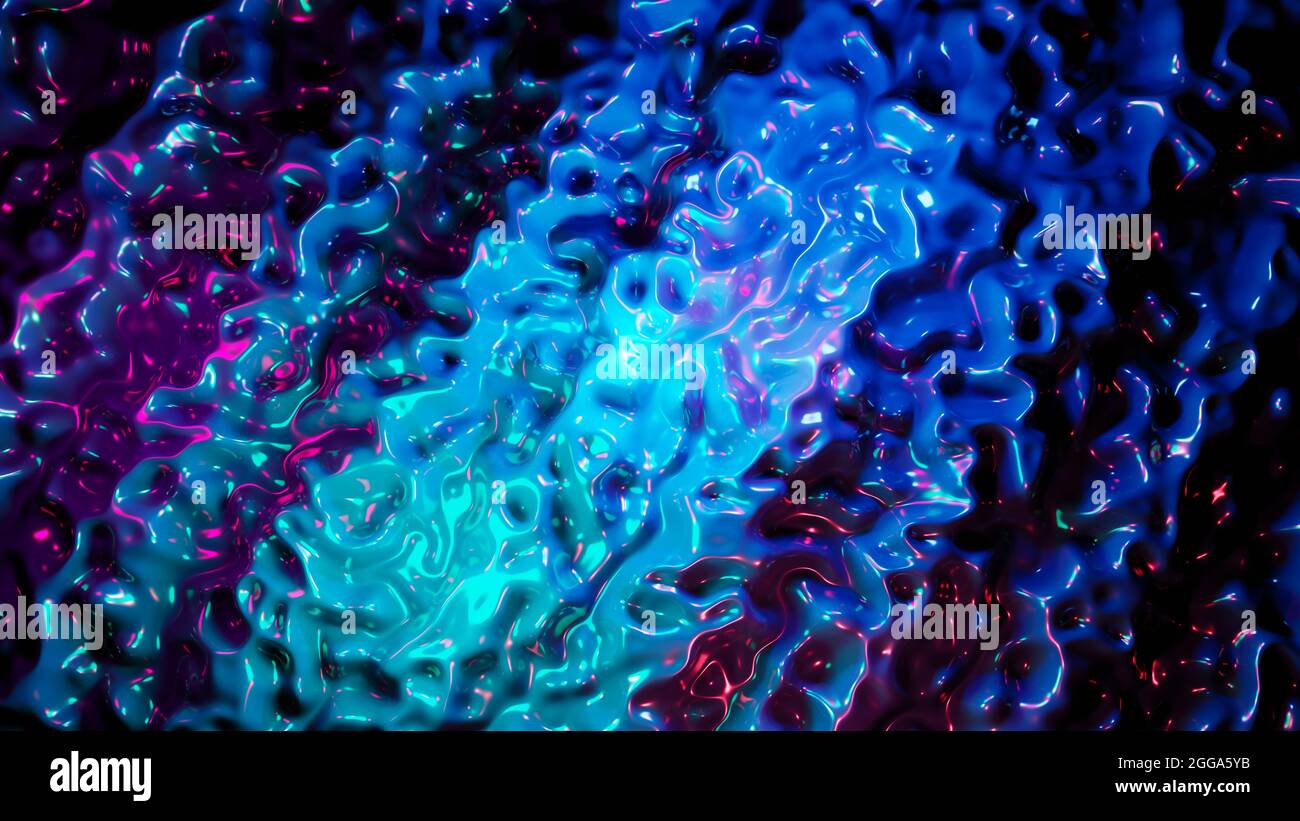 Elegante parete liscia ondulata in 3D Abstract Color. Modello liquido multicolore Concept. Macro superficie di riflessione ondulata viola blu. Fluido Abstra alla moda e colorato Foto Stock