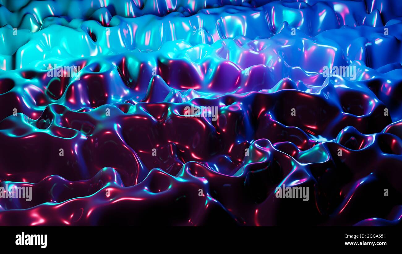 Elegante parete liscia ondulata in 3D Abstract Color. Modello liquido multicolore Concept. Macro superficie di riflessione ondulata viola blu. Fluido Abstra alla moda e colorato Foto Stock