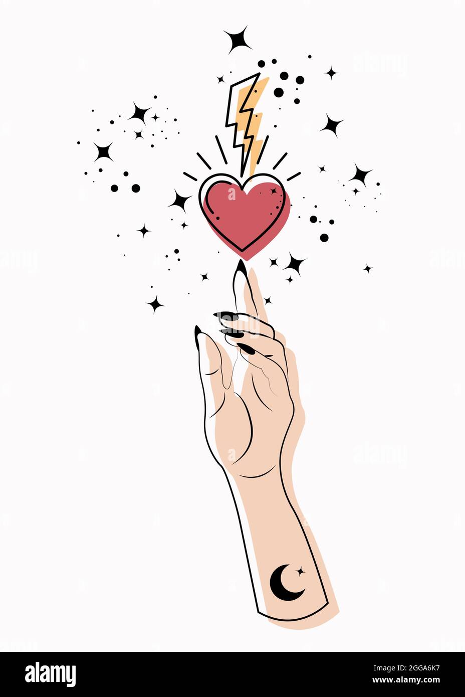 Mistica Donna alchimia mano esoterica magia spazio stelle, fulmine e sacro cuore simbolo. Colorato logo stile Boho in nero contorno tatuaggio icona segno Illustrazione Vettoriale