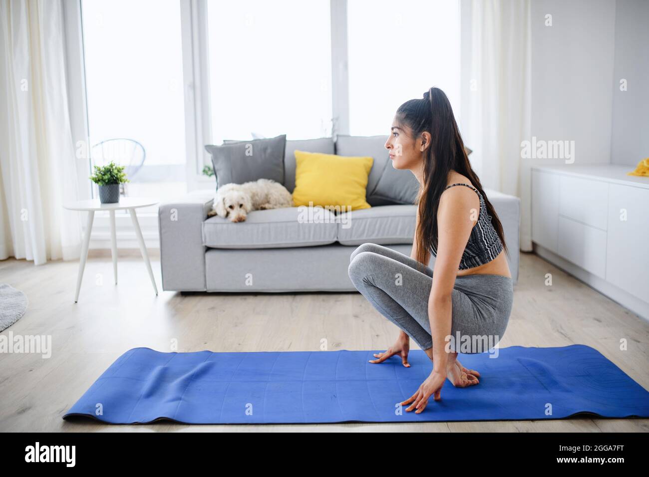 Ritratto di giovane donna sportiva che fa esercizio in casa, sano stile di vita concetto. Foto Stock