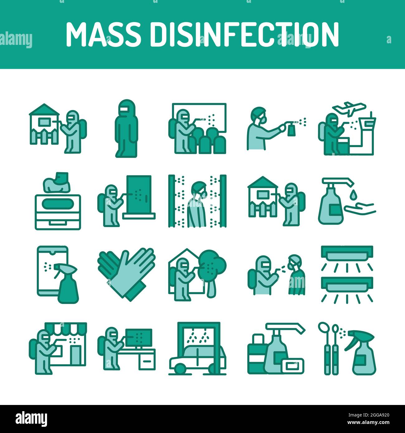 Set di icone della linea di colori per disinfezione di massa. Elemento vettoriale isolato. Pittogrammi di contorno per pagina web, app mobile, promo. Illustrazione Vettoriale