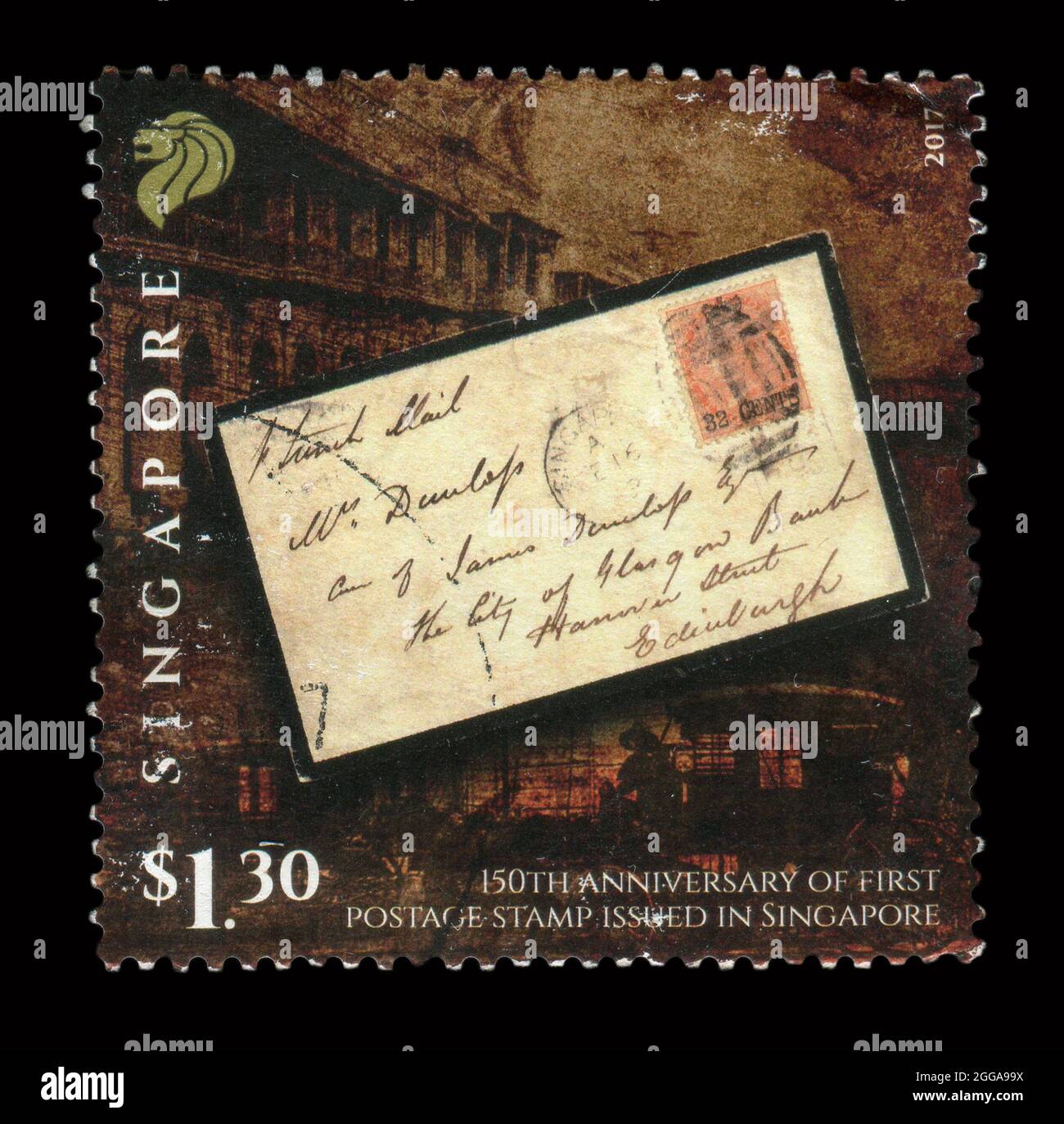 Il francobollo stampato a Singapore mostra l'immagine DEL 150° anniversario del primo francobollo pubblicato a Singapore, circa nel 2017. Foto Stock