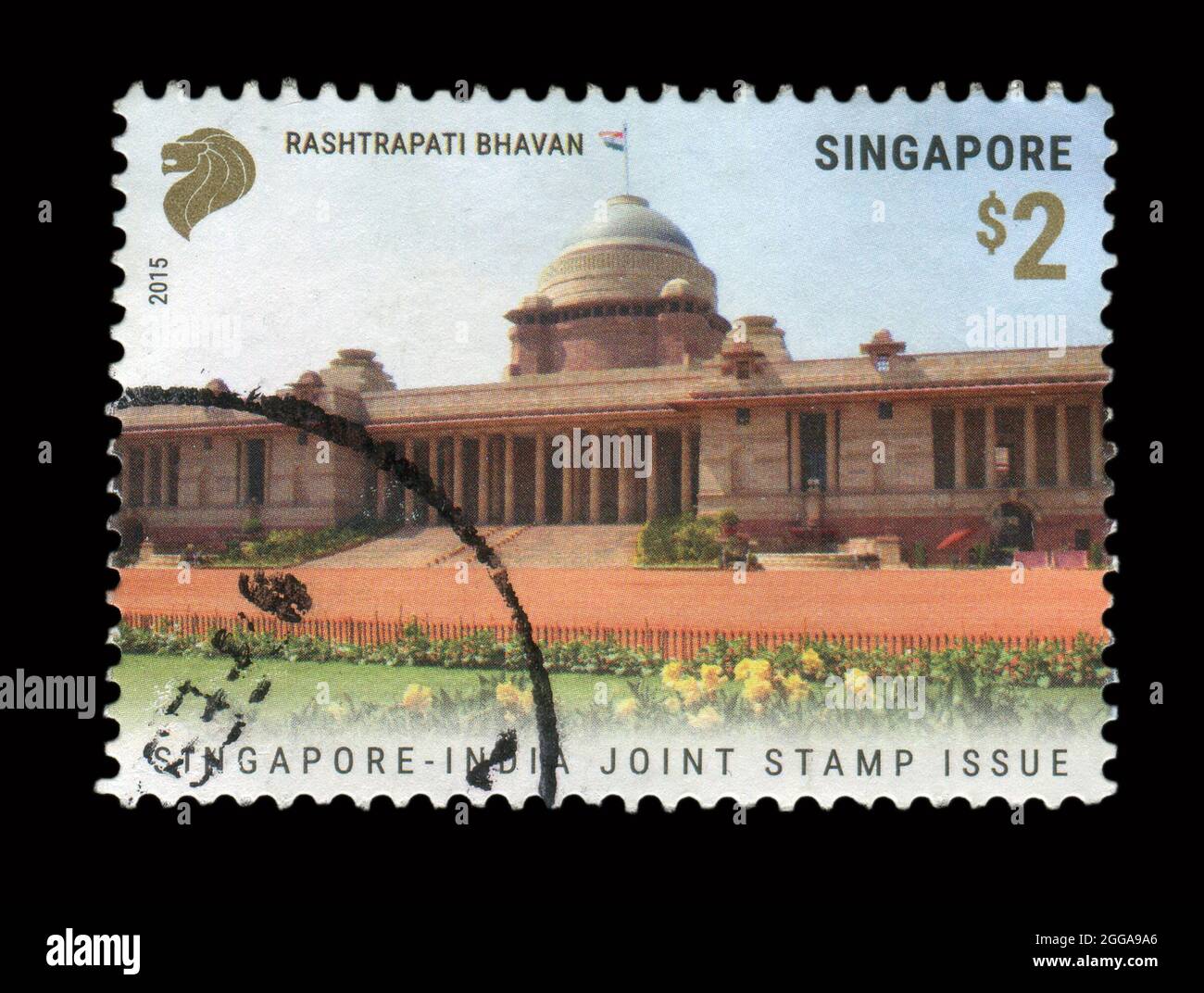 Il timbro stampato a Singapore mostra l'immagine del Singapore - India Joint Stamp Issue, circa 2015. Foto Stock