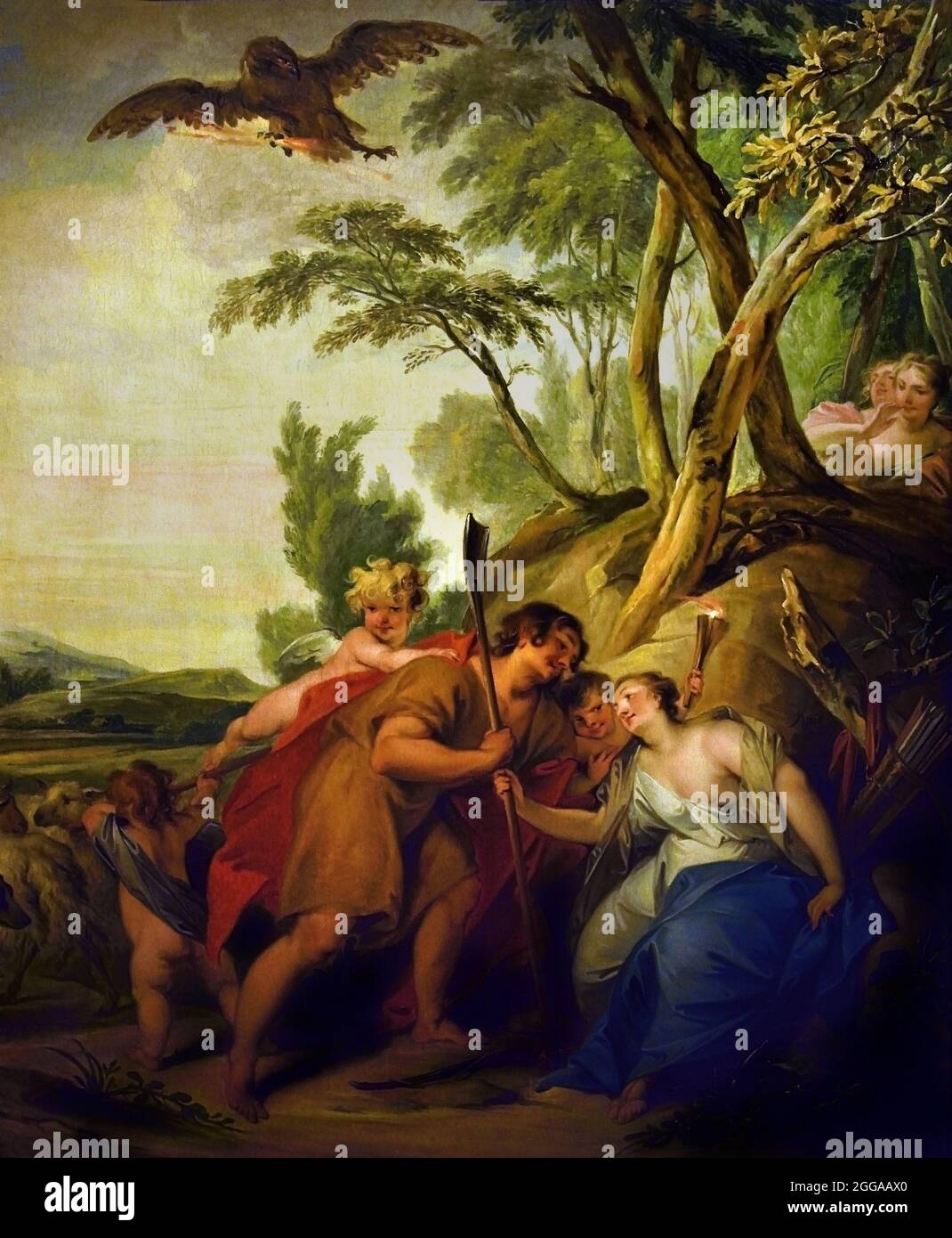 Giove, travestito da pastore, seducente Mnemosine, dea della memoria, 1727, ( il dio supremo romano Giove si travestì per sedurre una vergine. Come pastore Mnemosyne la corte. Nell'altro dipinto egli pone come la dea da caccia Diana per affascinare il suo seguace Callisto.) (Scrittore romano Ovid) Jacob de wit, 1695-1754, olandese, Paesi Bassi. Foto Stock