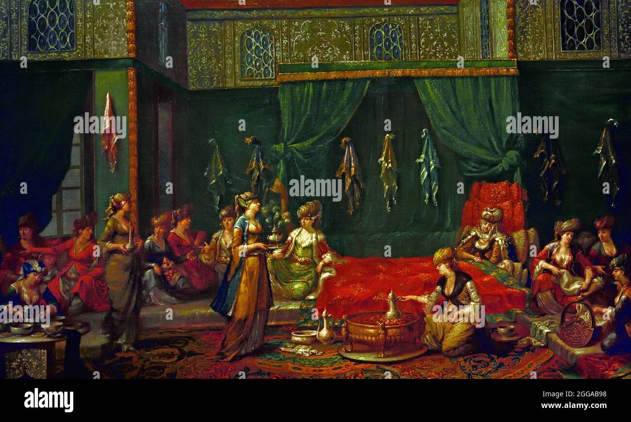 Sdraiati in camera di una illustre donna turca. Jean Baptiste Vanmour (Van Mour) 1671-1737 Belgio Fiammingo Belga (dipinti turchi punto di interesse storico culturale Turchia) stanza di maternità Foto Stock