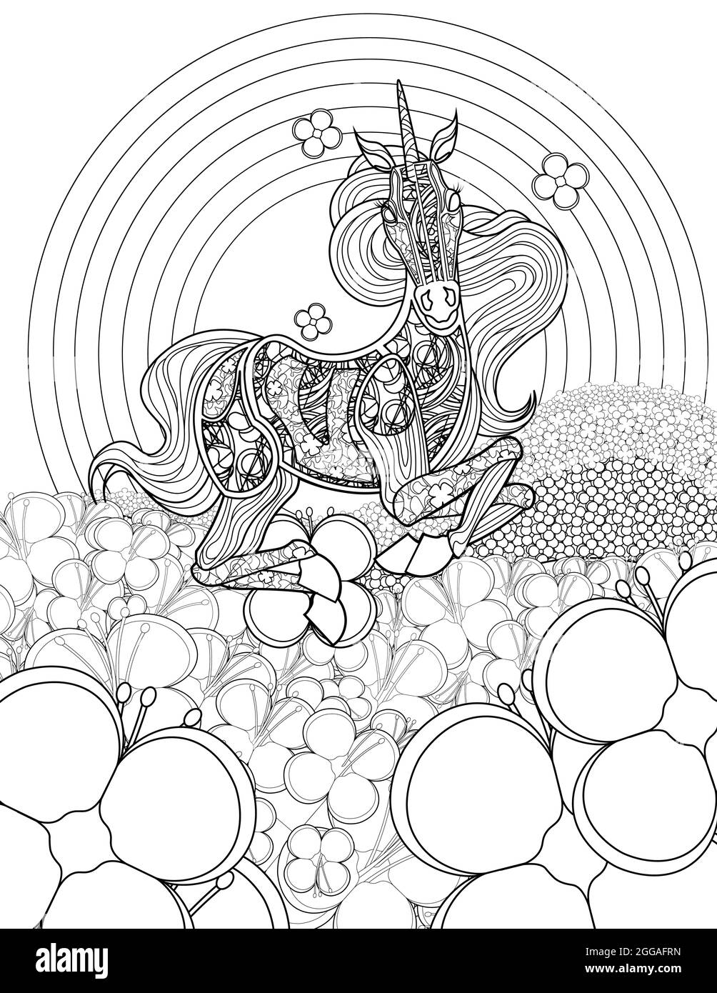 Bella Unicorn in campi di fiori guardando fronte incolore linea disegno. Mitico cavallo cavallo che si piega verso il basso su campo colorare pagina del libro. Foto Stock