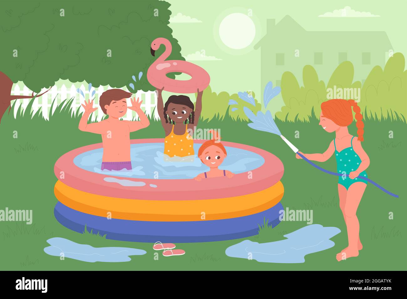 I bambini giocano insieme nell'illustrazione vettoriale della piscina del  cortile. Cartone animato i bambini felici in costume da bagno godono di  attività all'aperto estate, ragazzo ragazza bambini personaggi nuotare,  giocare con sfondo