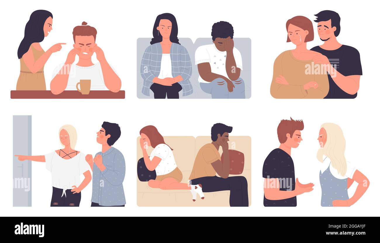 Litigando la gente della coppia impostata, conflitto arrabbiato di litigazione nell'illustrazione vettoriale di rapporto. Cartoon triste uomo infelice donna personaggi argomentare, stress disputa tra marito e moglie isolato su bianco Illustrazione Vettoriale