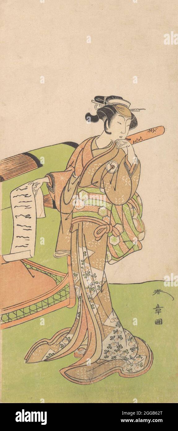 L'attore Iwai Hanshiro IV in ruolo femminile, in piedi accanto a una lettiera, 1726-1792. Foto Stock