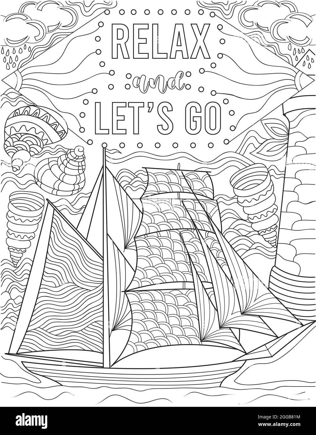 Illustrazione di UNA barca a vela galleggiante sull'oceano circondato da Seashells sotto Inspirational Note. Barca linea disegno vela a mare intorno conchiglie Illustrazione Vettoriale
