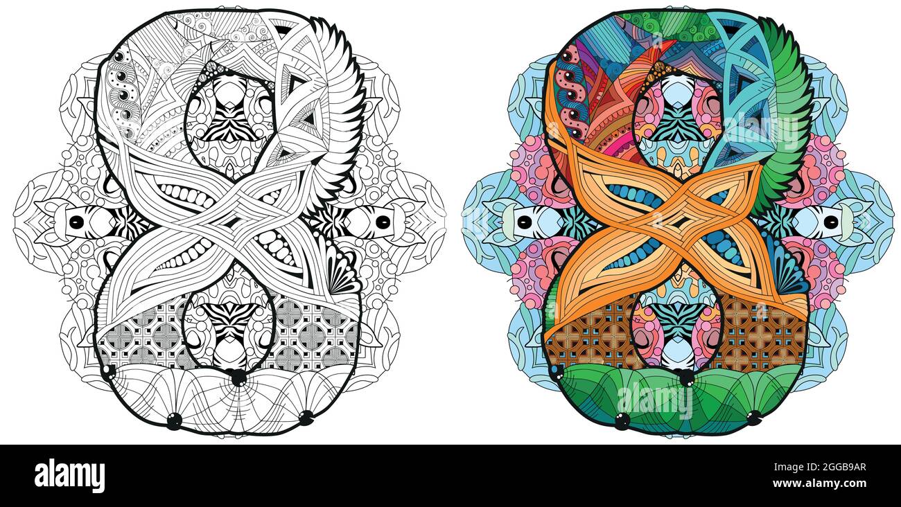 Design artistico dipinto a mano. Pagina di colorazione anti-stress per adulti. Bianco e nero illustrazione disegnata a mano mandala con numero otto per libro da colorare. Colorato Illustrazione Vettoriale