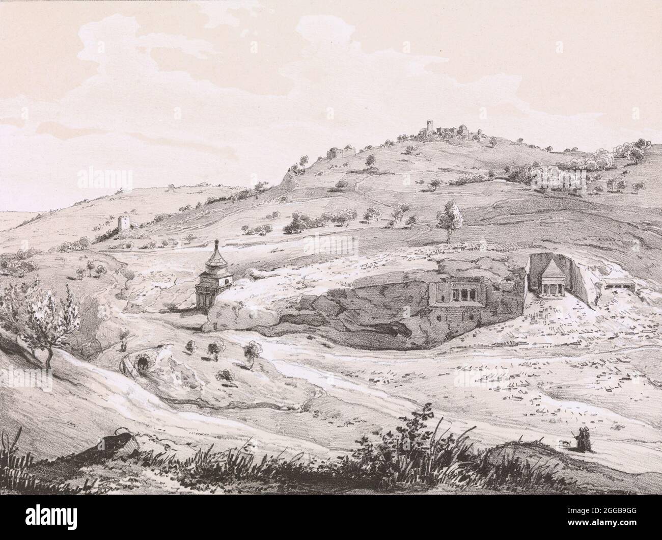 Vista del Monte degli Ulivi, 1839. Da Malerische Ansichten aus dem Orient, gessamelt auf der Reise Sr. Hoheit des Herrn Herzogs Maximilian in Bayern nach Nubien, Aegypten, Palaestina, Sirien und Malta (pittoresche vedute dall'Oriente, radunate nel viaggio di sua altezza Serena, il Duca Massimiliano in Baviera, a Nubia, Siria e Malta). Foto Stock