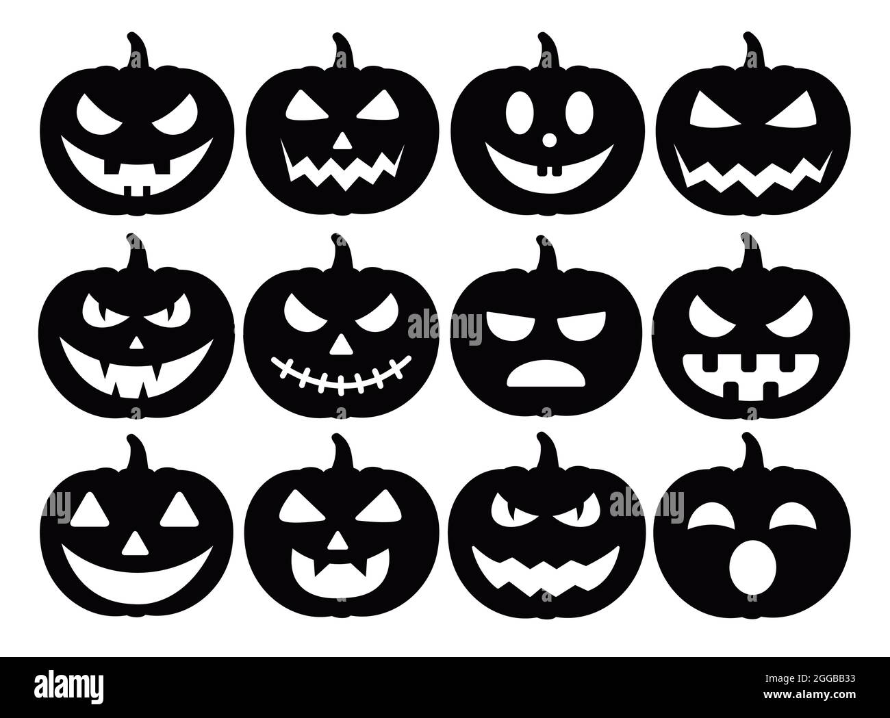 Immagine vettoriale del set di icone di zucca isolata su sfondo bianco. Set silhouette in zucca. Illustrazione Vettoriale