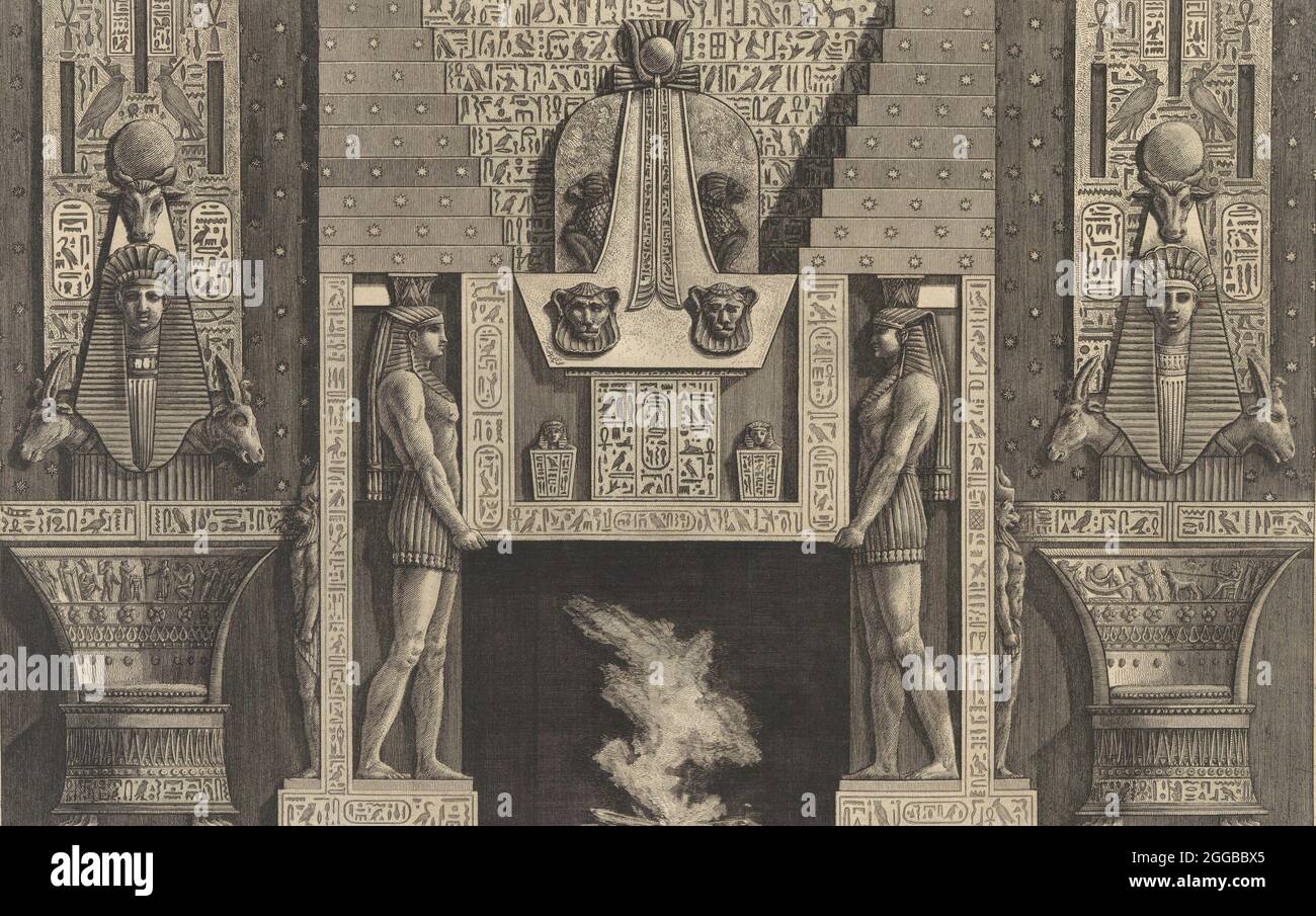 Chimneypiece in stile egiziano: Figure giganti che sostengono l'architrave, affiancato da sedie, 1769. Da diverse Maniere d'adornare i cammini... (Diversi modi di ornare scignepipe...). Foto Stock