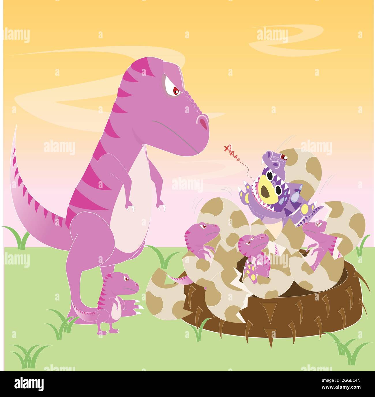 Mamma di dinosauro rosa incontro con i suoi figli e MR.Purple orso in costume di Dinosauro, Tyrannosaurus con i bambini, T-rex rosa famiglia, Pink dino Illustrazione Vettoriale