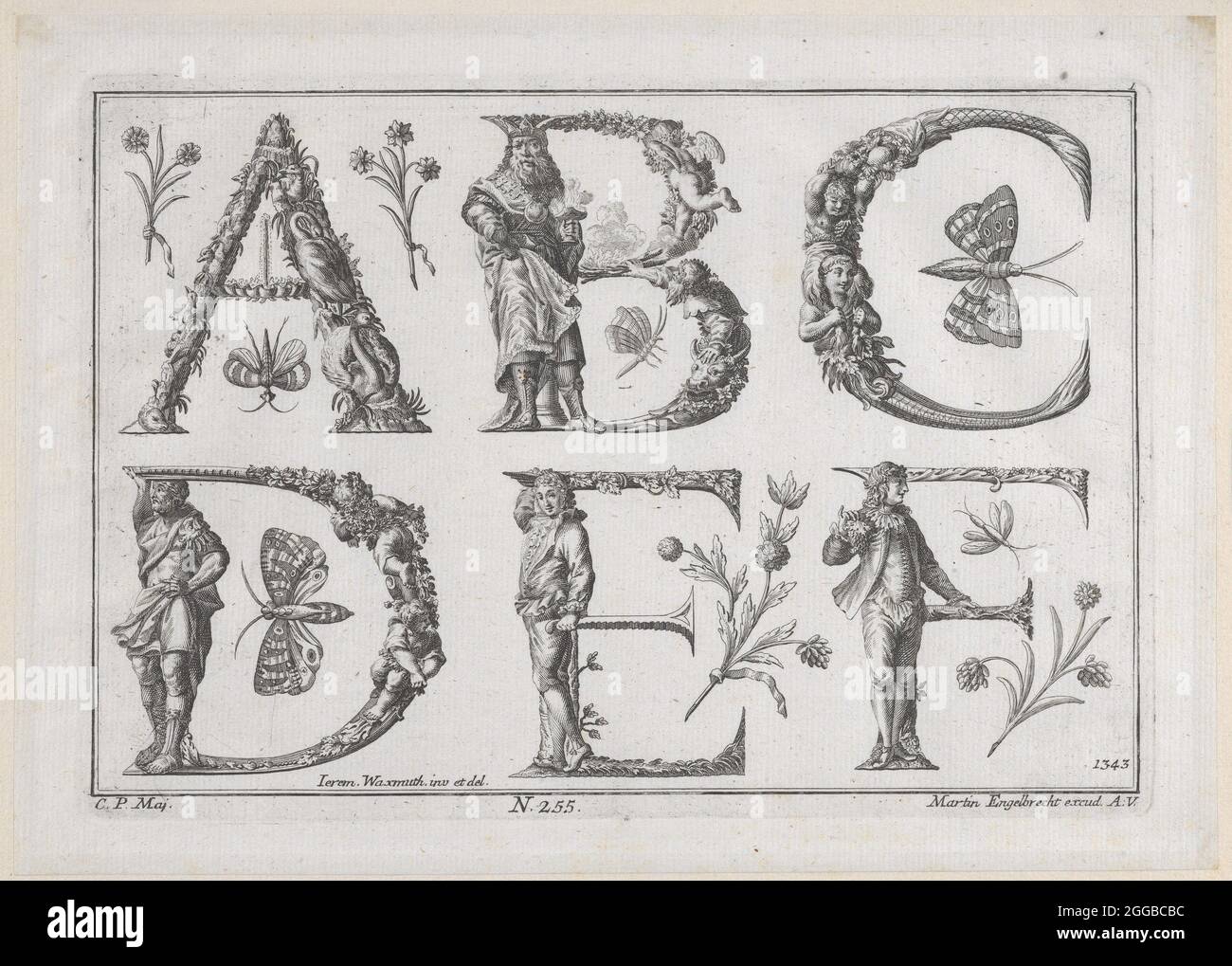 Decorato alfabeto romano, 18 ° secolo. Foto Stock