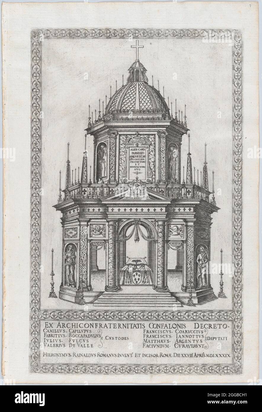 Catafalque per il Cardinale Alessandro Farnese, 1589. Da 'Libro De Catafalchi, Tabernacoli, con varij designi di Porte fenestre et altres ornamenti di architettura', un'opera di architettura funeraria. Foto Stock