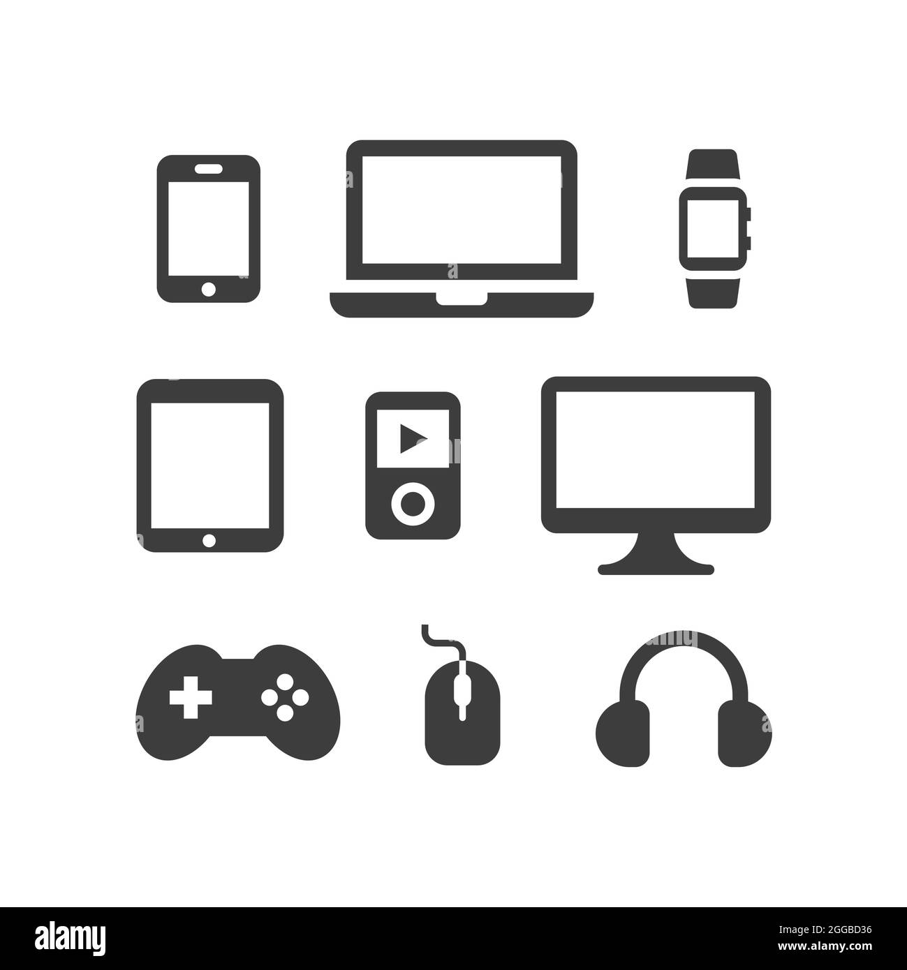 Elettronica, computer devices Vector Icon Set. TV, laptop, schermo dello smartphone, icone nere dei dispositivi digitali. Illustrazione Vettoriale