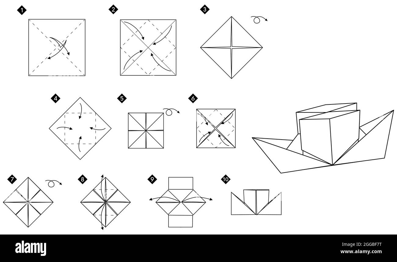 Piroscafo per carta a due tubi Origami. Illustrazione vettoriale monocromatica in bianco e nero. Fai-da-te spedisci un semplice tutorial. Illustrazione Vettoriale