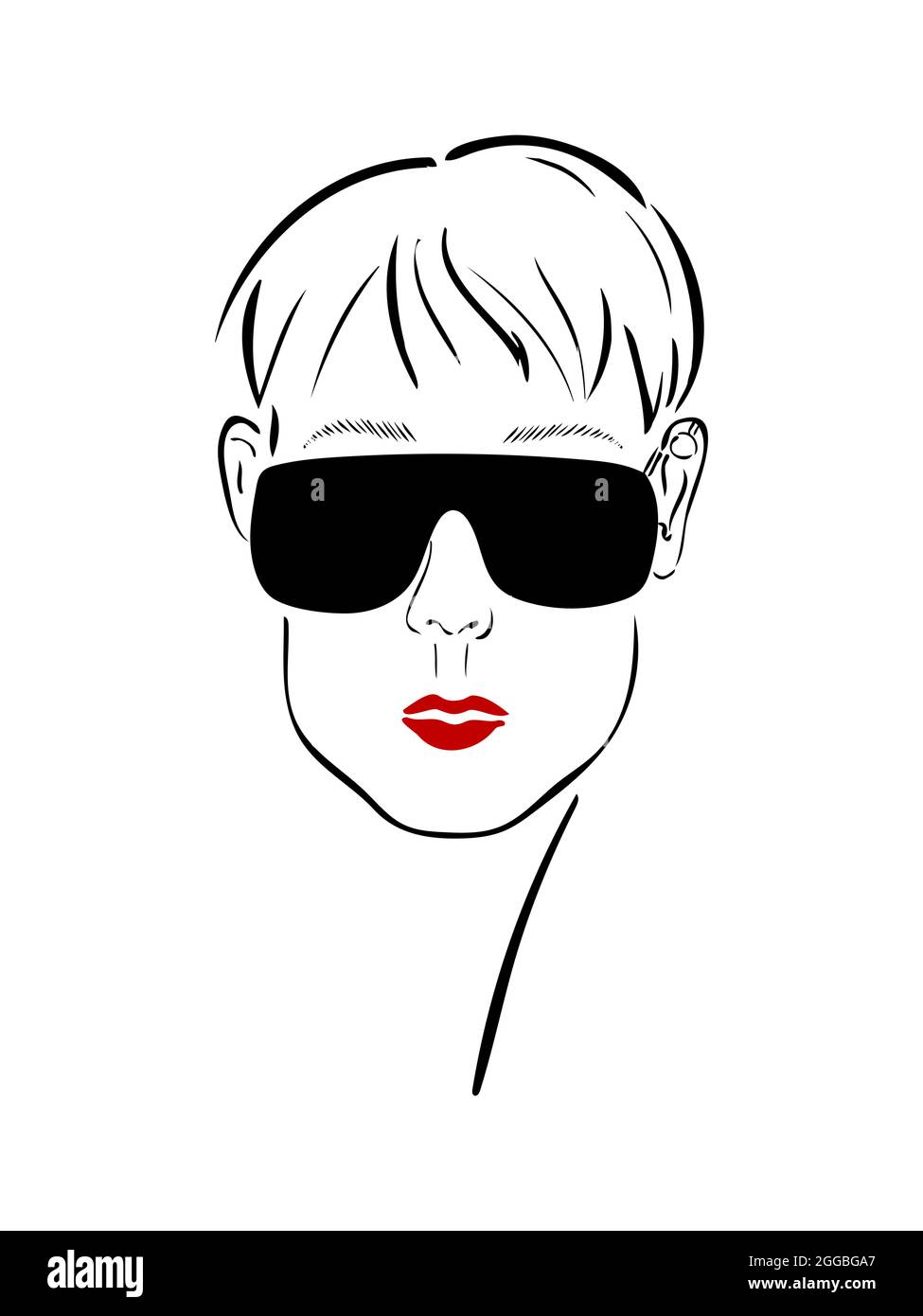 Faccia grafica di una ragazza in occhiali con un orecchino cartilagineo e labbra rosse. Disegno vettoriale di uno schizzo di moda. Illustrazione Vettoriale