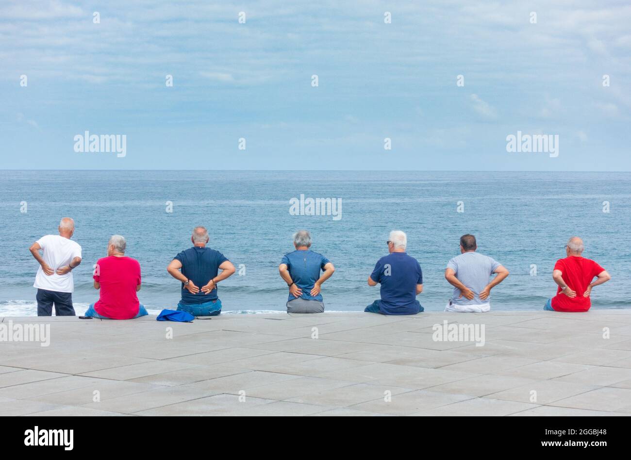 Vista posteriore di uomini anziani che fanno esercizi posteriori inferiori guardando verso il mare. Foto Stock