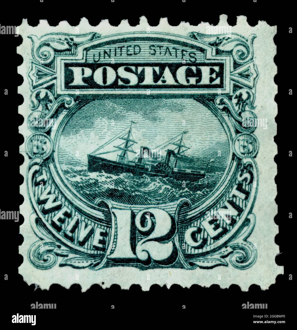 12c S.S. Adriatic re-Issue single, 1875. Inutilizzato; perf 12; senza grill; nel 1875, i funzionari del Dipartimento postale hanno deciso di esporre campioni di tutti i francobolli emessi in precedenza alla Centennial Exposition di Philadelphia l'anno successivo. Poiché ciò richiedeva una stampa speciale, il reparto ordinava copie extra per la vendita ai raccoglitori di francobolli. Foto Stock