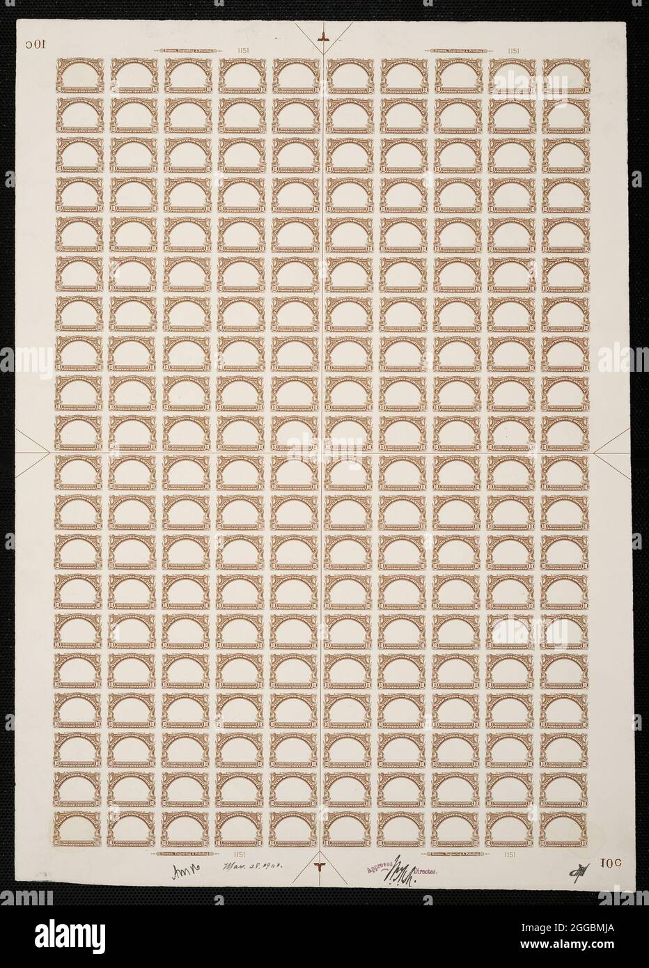 10c Pan-American Fast Ocean Navigation Frame Plate Proof, 487. Le prove su lastra certificate sono l'ultima prova stampata della lastra prima della stampa dei timbri presso il Bureau of Engraving and Printing. Le prove su piastra sono ciascuna unica, con le firme di approvazione e la data. Per gli studiosi postali, queste targhette forniscono importanti informazioni sulla produzione nelle iscrizioni dei margini delle targhette, incluse le linee guida, i numeri delle targhe e le iniziali del siderografo, o della persona che ha creato la targa da un rullo di trasferimento.;targa n. 1151;Denominazione: 10c;oggetto: Navigazione rapida dell'Oceano (Steamship "St Paolo"), Foto Stock